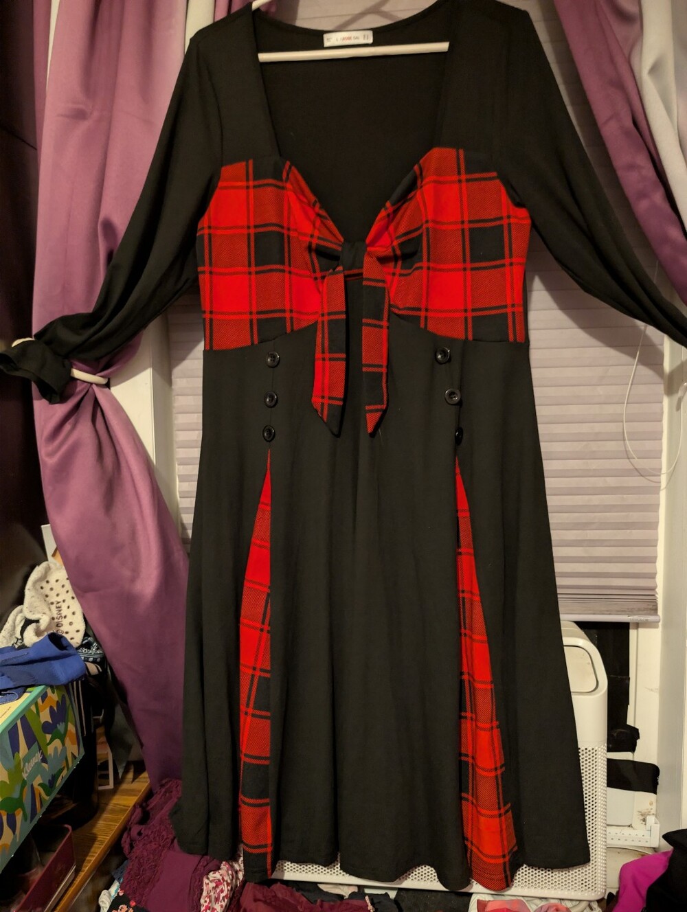 Black And Red Plaid Long Sleeve Dress